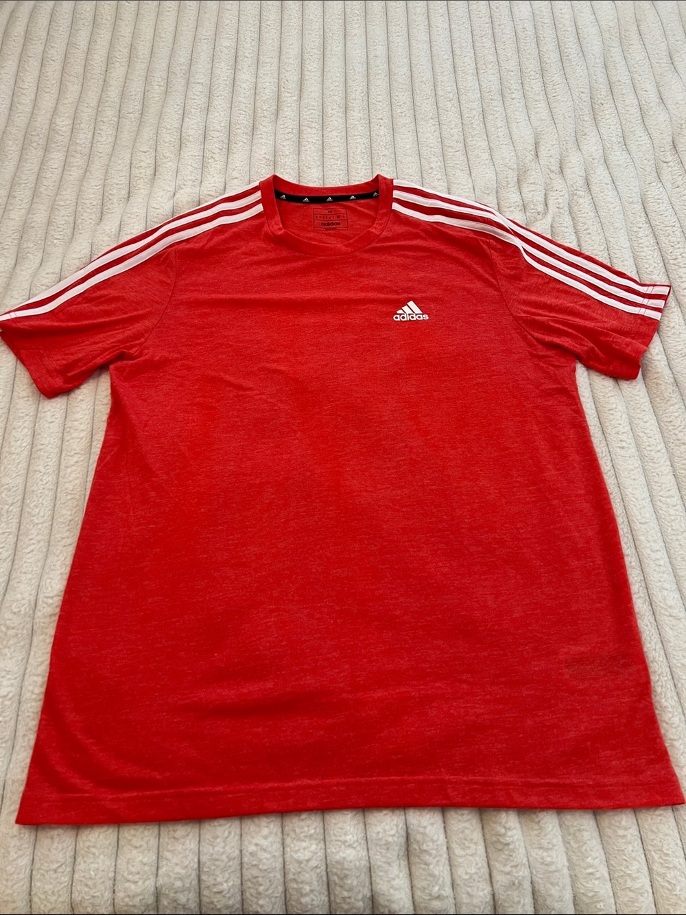adidas Red Short-Sleeve Performance Tee with White Stripes